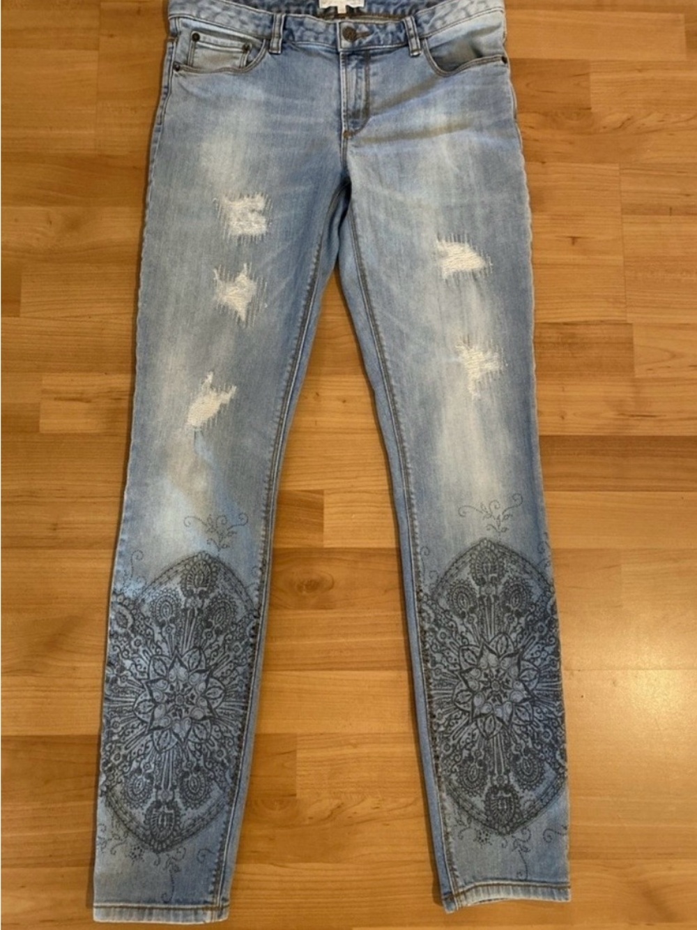 Odd Molly Light Blue Skinny Jeans with Medallion Leg Print